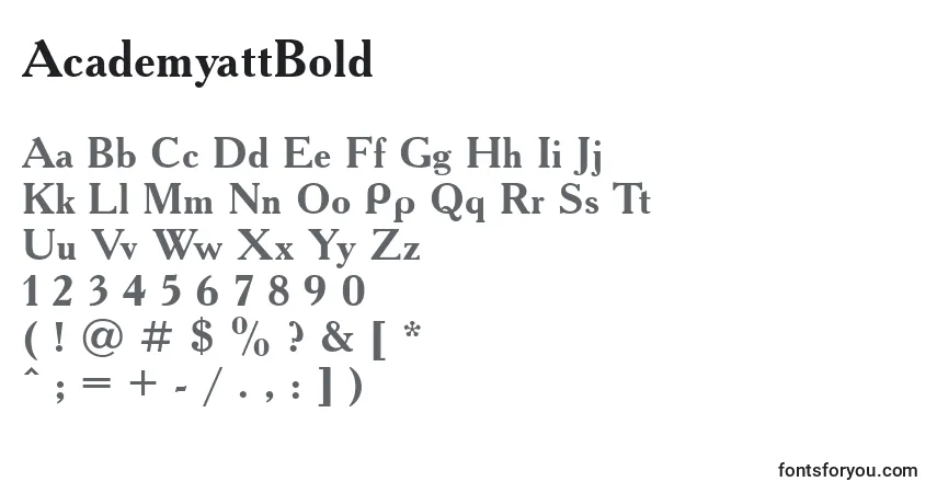 A fonte AcademyattBold – alfabeto, números, caracteres especiais