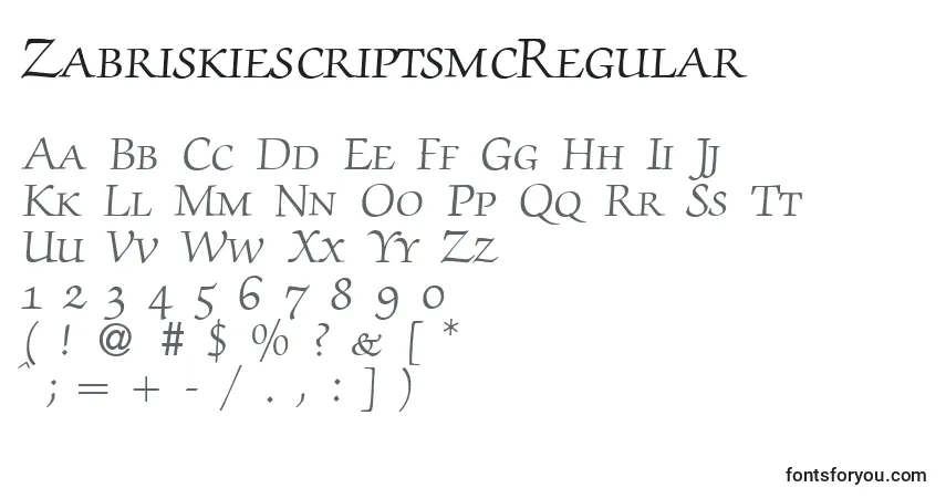 A fonte ZabriskiescriptsmcRegular – alfabeto, números, caracteres especiais