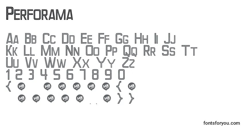 Schriftart Perforama – Alphabet, Zahlen, spezielle Symbole