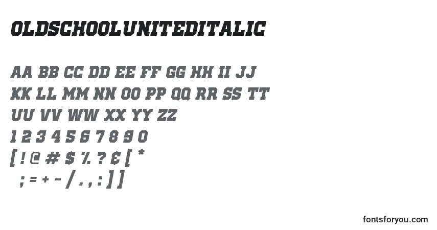A fonte OldSchoolUnitedItalic – alfabeto, números, caracteres especiais