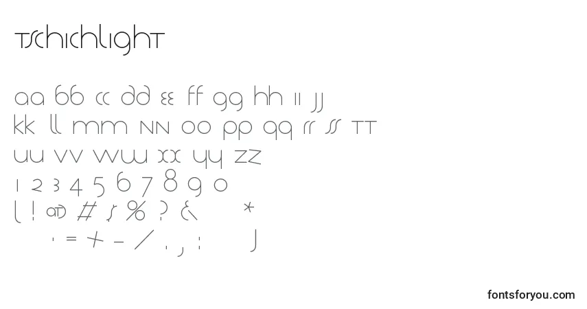 A fonte Tschichlight – alfabeto, números, caracteres especiais