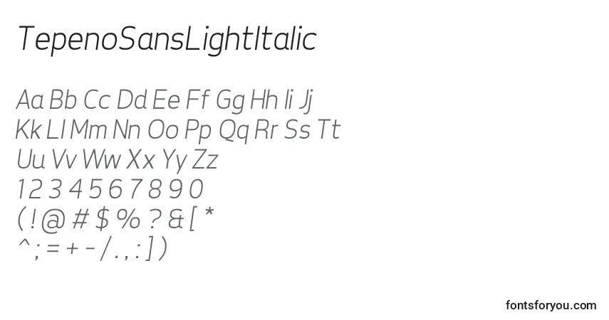 Czcionka TepenoSansLightItalic – alfabet, cyfry, specjalne znaki