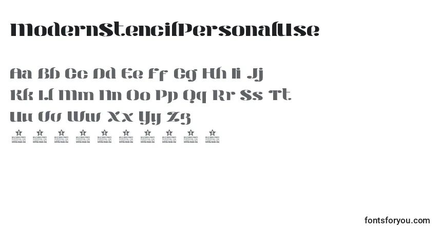 Czcionka ModernStencilPersonalUse – alfabet, cyfry, specjalne znaki