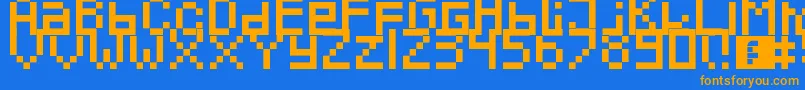 フォントPixeled – オレンジ色の文字が青い背景にあります。