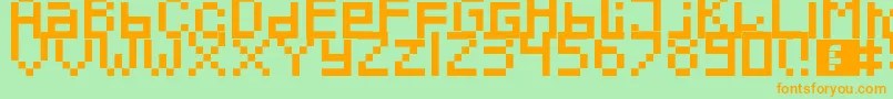 フォントPixeled – オレンジの文字が緑の背景にあります。