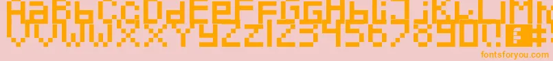 フォントPixeled – オレンジの文字がピンクの背景にあります。