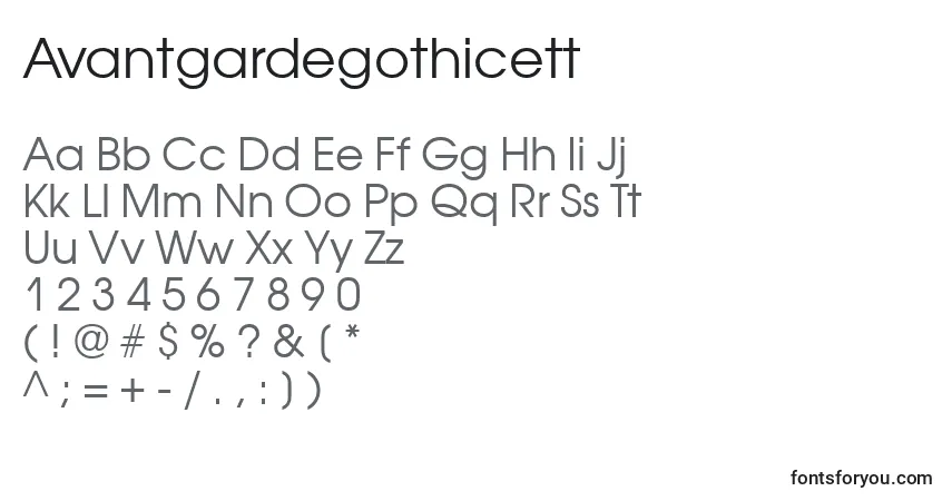 A fonte Avantgardegothicett – alfabeto, números, caracteres especiais