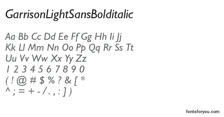 Schriftart GarrisonLightSansBolditalic – Alphabet, Zahlen, spezielle Symbole