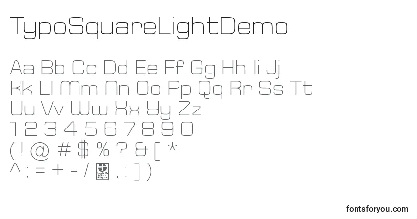 Czcionka TypoSquareLightDemo – alfabet, cyfry, specjalne znaki