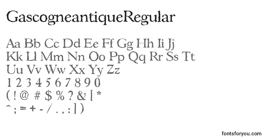 Czcionka GascogneantiqueRegular – alfabet, cyfry, specjalne znaki