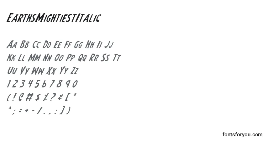 Czcionka EarthsMightiestItalic – alfabet, cyfry, specjalne znaki