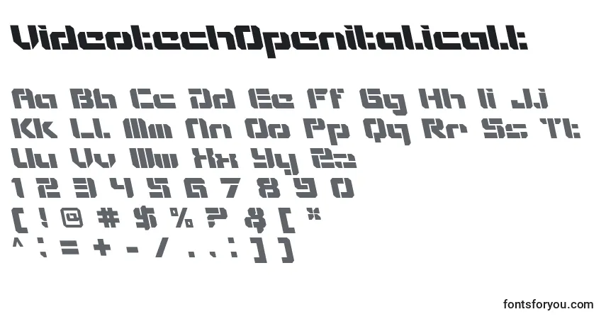 Czcionka VideotechOpenitalicalt – alfabet, cyfry, specjalne znaki