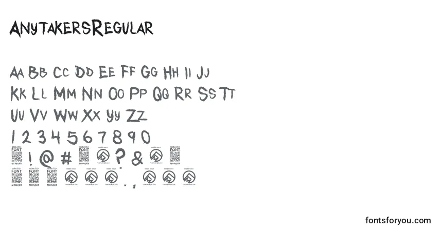 Czcionka AnytakersRegular – alfabet, cyfry, specjalne znaki