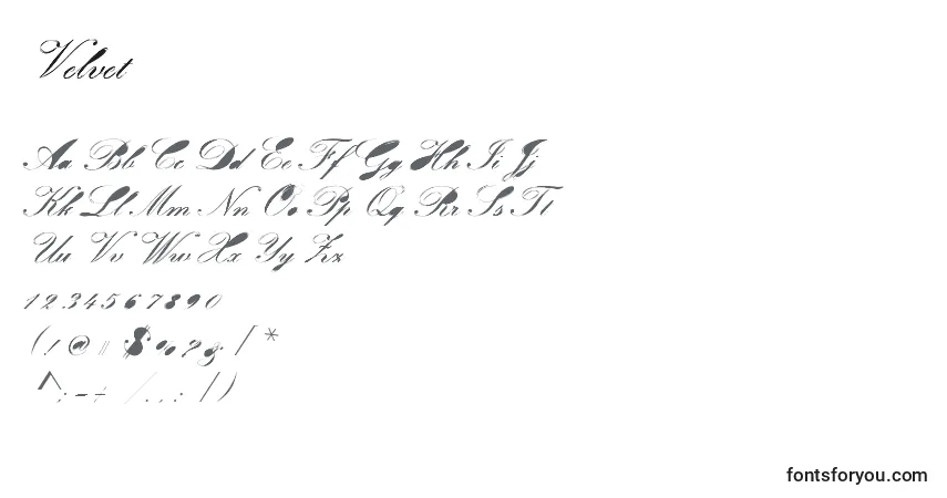 Czcionka Velvet – alfabet, cyfry, specjalne znaki