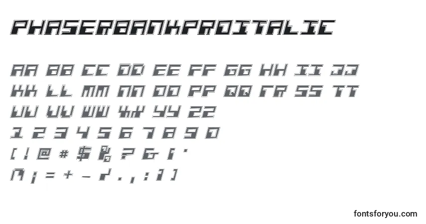 Schriftart PhaserBankProItalic – Alphabet, Zahlen, spezielle Symbole