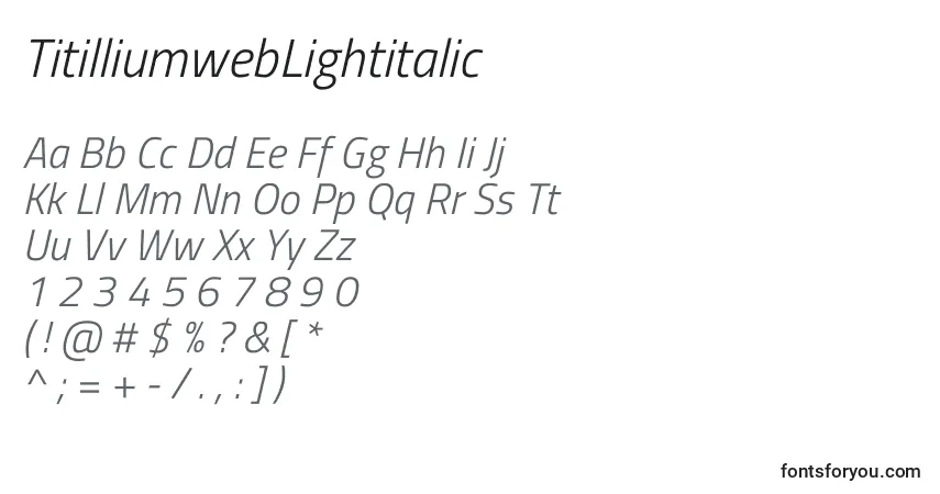 Fuente TitilliumwebLightitalic - alfabeto, números, caracteres especiales