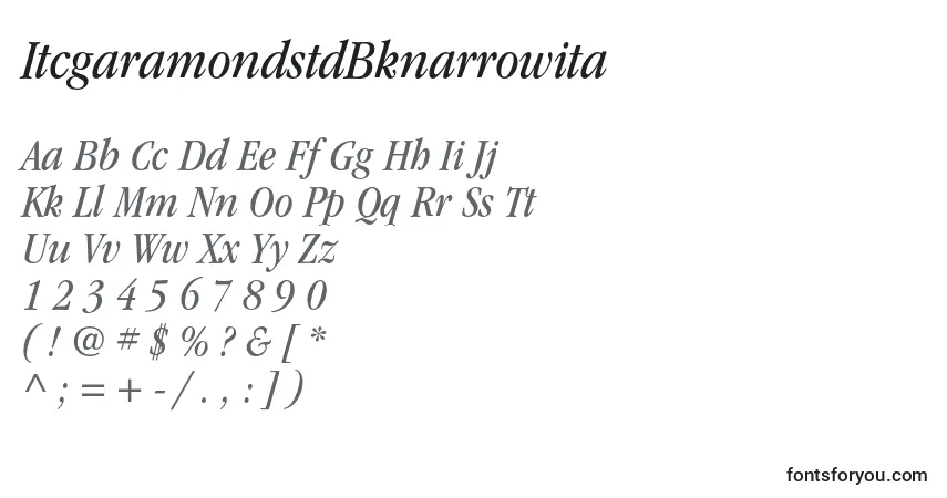 A fonte ItcgaramondstdBknarrowita – alfabeto, números, caracteres especiais