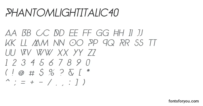 Шрифт PhantomLightItalic40 – алфавит, цифры, специальные символы