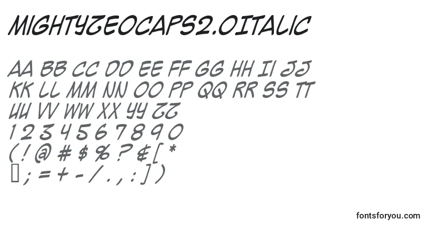 Schriftart MightyZeoCaps2.0Italic – Alphabet, Zahlen, spezielle Symbole