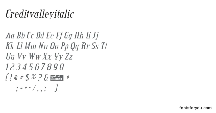 A fonte Creditvalleyitalic – alfabeto, números, caracteres especiais