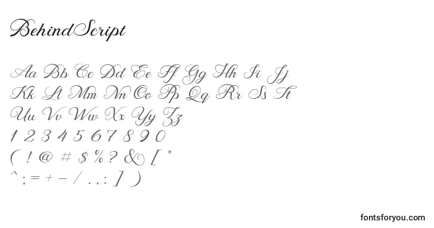 A fonte BehindScript – alfabeto, números, caracteres especiais