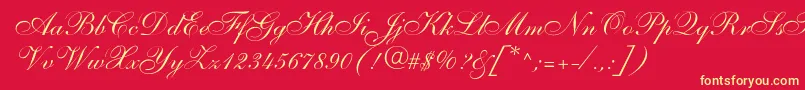 Shelleyallegroscript-Schriftart – Gelbe Schriften auf rotem Hintergrund