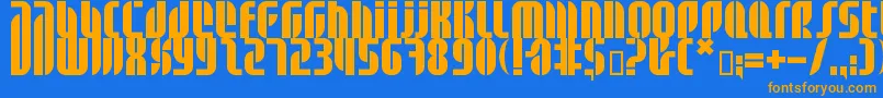 フォントBdalm ffy – オレンジ色の文字が青い背景にあります。