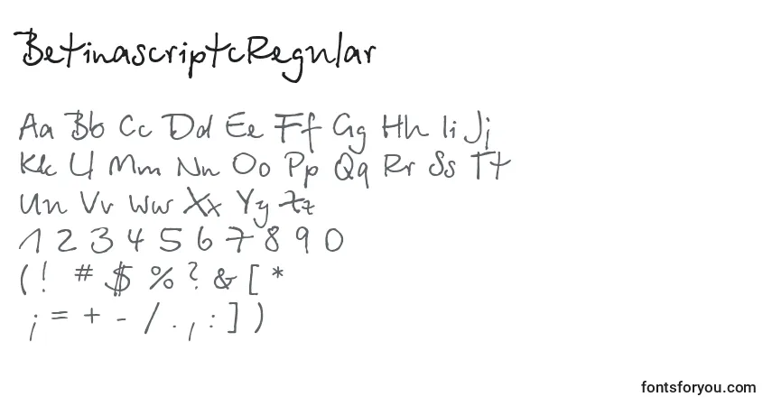 Czcionka BetinascriptcRegular – alfabet, cyfry, specjalne znaki