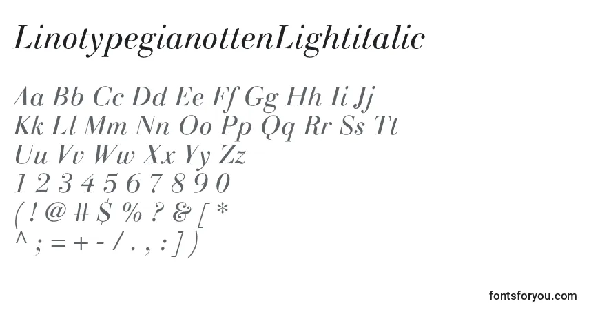 characters of linotypegianottenlightitalic font, letter of linotypegianottenlightitalic font, alphabet of  linotypegianottenlightitalic font