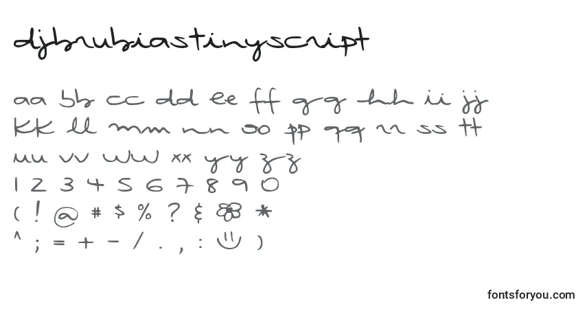 Czcionka DjbRubiasTinyScript – alfabet, cyfry, specjalne znaki