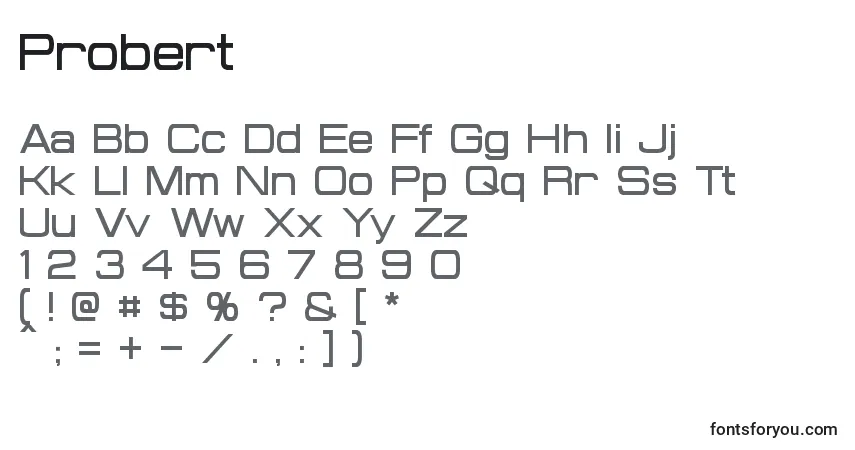 A fonte Probert – alfabeto, números, caracteres especiais