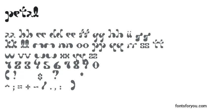 Czcionka Petal – alfabet, cyfry, specjalne znaki