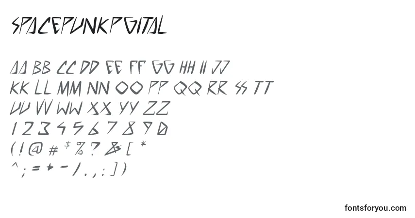 Czcionka SpacePunkPgItal – alfabet, cyfry, specjalne znaki