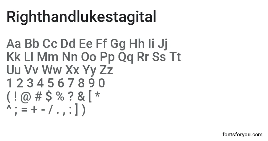 Czcionka Righthandlukestagital – alfabet, cyfry, specjalne znaki