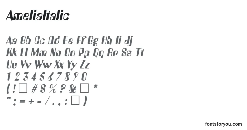 A fonte AmeliaItalic – alfabeto, números, caracteres especiais