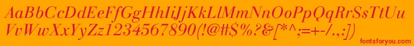 Fonte LinotypegianottenLightitalic – fontes vermelhas em um fundo laranja