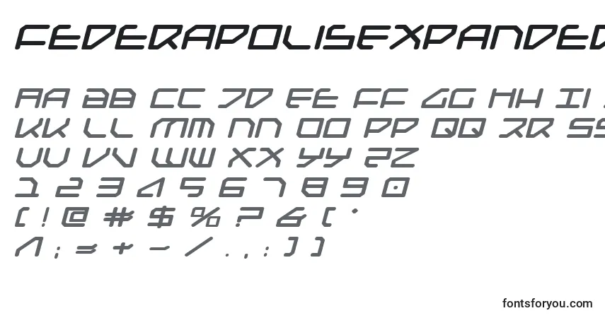 Czcionka FederapolisExpandedBoldItalic – alfabet, cyfry, specjalne znaki