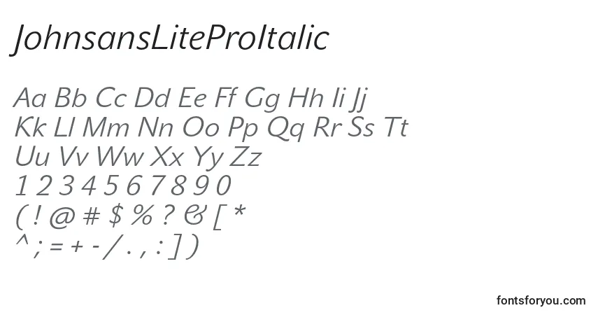 JohnsansLiteProItalic-fontti – aakkoset, numerot, erikoismerkit