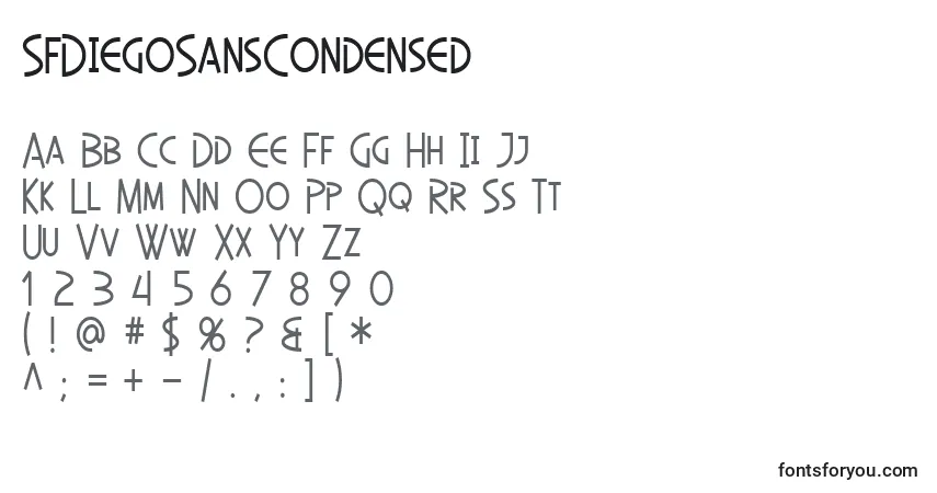 A fonte SfDiegoSansCondensed – alfabeto, números, caracteres especiais