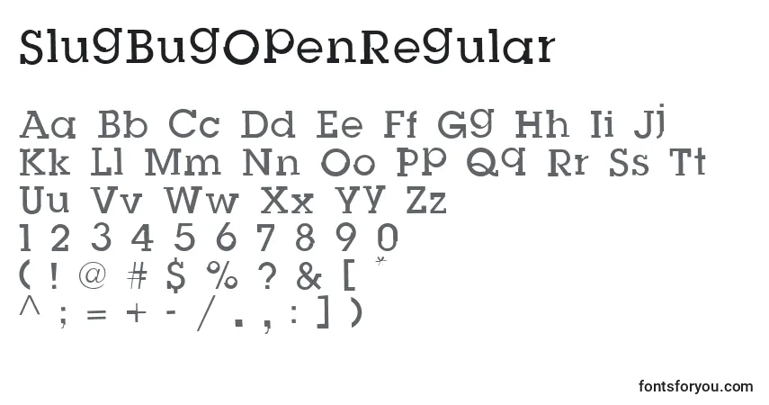 A fonte SlugBugOpenRegular – alfabeto, números, caracteres especiais
