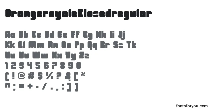 A fonte OrangeroyaleClosedregular – alfabeto, números, caracteres especiais