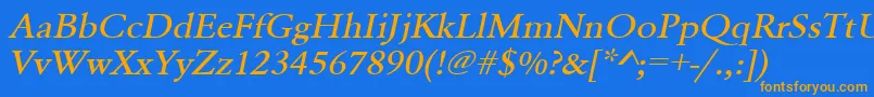 フォントUrwgaramondtmedextwidOblique – オレンジ色の文字が青い背景にあります。
