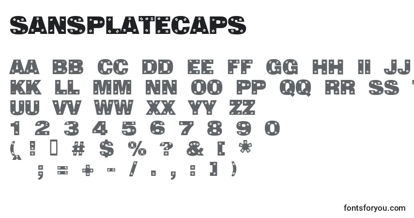 Czcionka Sansplatecaps – alfabet, cyfry, specjalne znaki