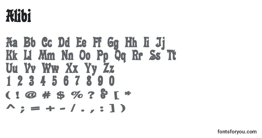 Schriftart Alibi – Alphabet, Zahlen, spezielle Symbole