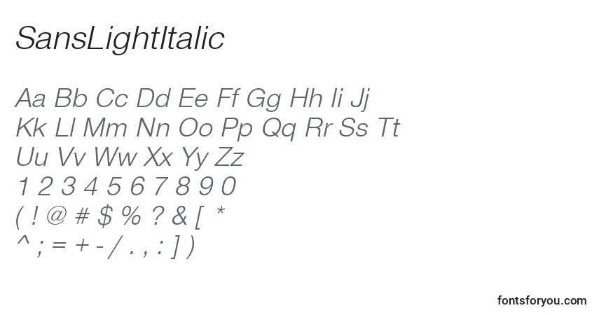 characters of sanslightitalic font, letter of sanslightitalic font, alphabet of  sanslightitalic font