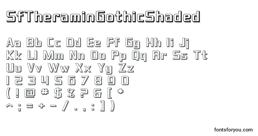 A fonte SfTheraminGothicShaded – alfabeto, números, caracteres especiais