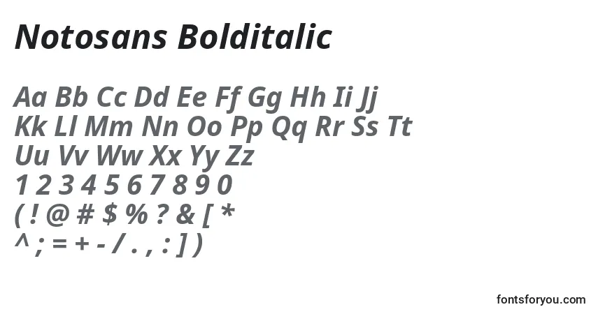 Czcionka Notosans Bolditalic – alfabet, cyfry, specjalne znaki