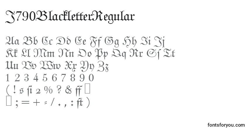 A fonte J790BlackletterRegular – alfabeto, números, caracteres especiais