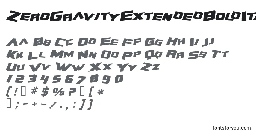 ZeroGravityExtendedBoldItalicフォント–アルファベット、数字、特殊文字