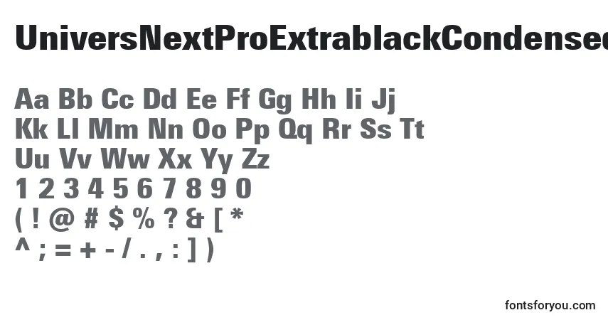 A fonte UniversNextProExtrablackCondensed – alfabeto, números, caracteres especiais